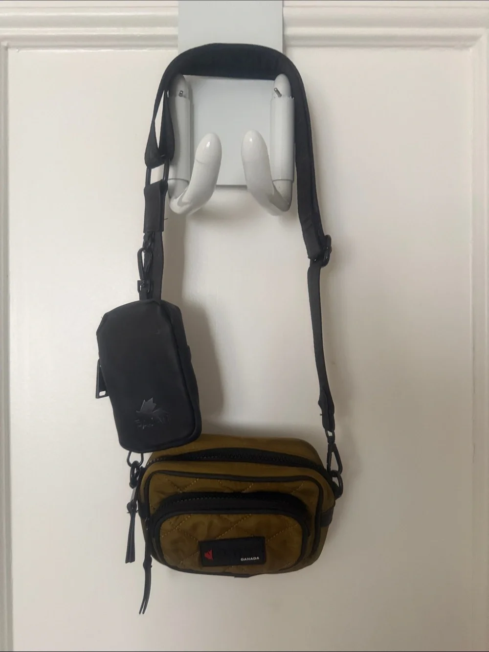Pajar Olive Green Quilted Crossbody Bag with Black Strap